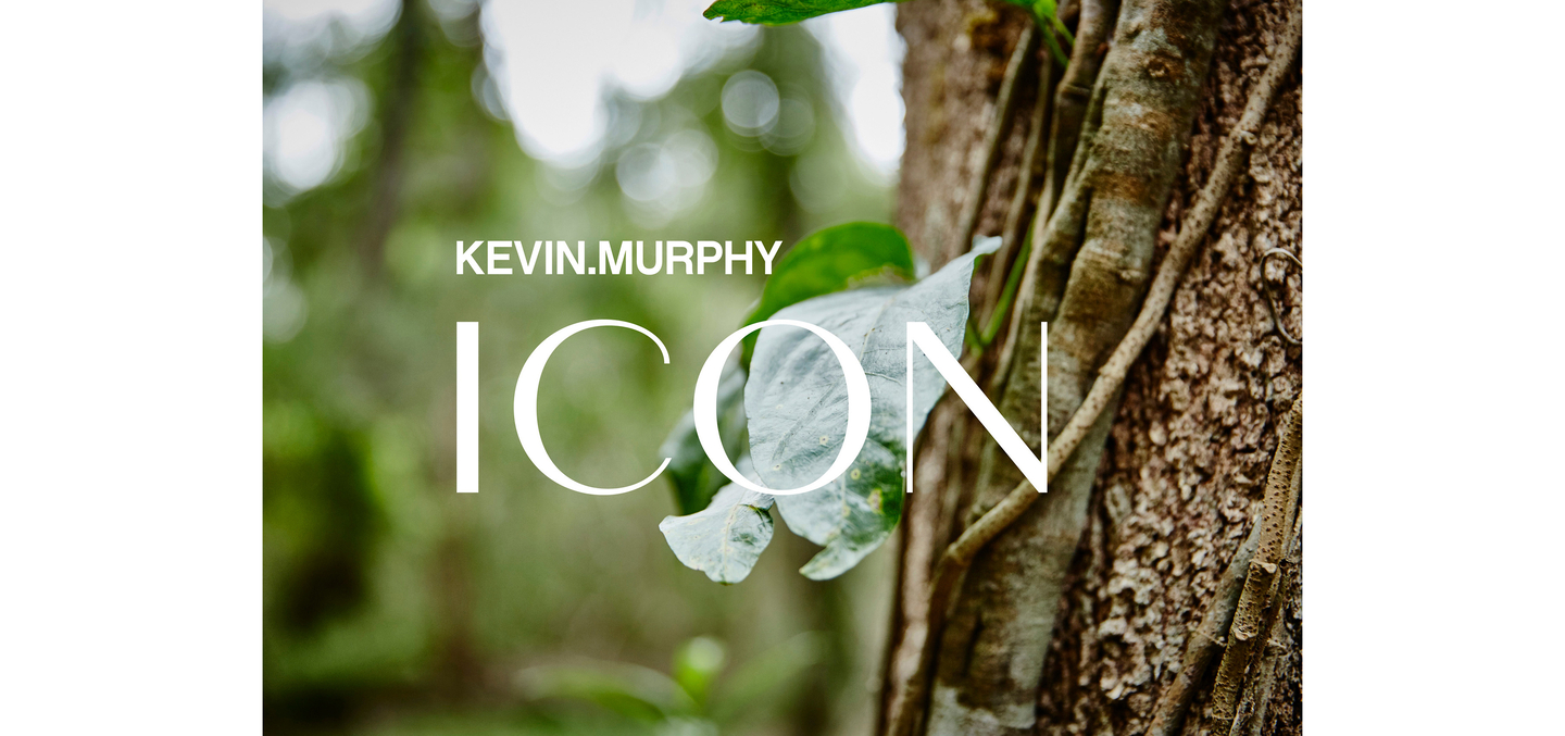 KEVIN.MURPHY ICON branding over a natural leafy background, emphasizing eco-friendly haircare.